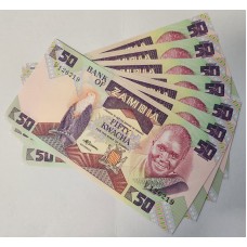 ZAMBIA 1986 . FIFTY 50 KWACHA BANKNOTES . CONSECUTIVE SEVEN